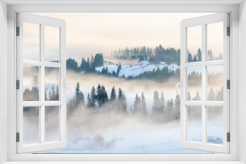 Fototapeta Naklejka Na Ścianę Okno 3D - Winter landscape with mist on mountain hills panoramic view, banner