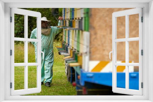 Fototapeta Naklejka Na Ścianę Okno 3D - Beekeeper checking his hives