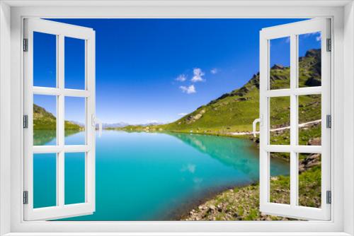 Fototapeta Naklejka Na Ścianę Okno 3D - Alpine mountain lake landscape and view, blue beautiful and amazing lake panorama