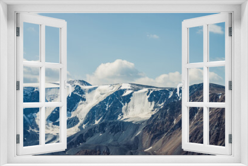 Fototapeta Naklejka Na Ścianę Okno 3D - Atmospheric alpine view to big snowy mountains with glaciers. Scenic highland landscape with giant mountains with snow on tops. Awesome scenery of majestic nature. Snow on great rocks on high altitude