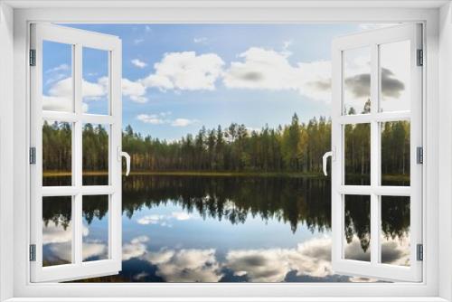 Fototapeta Naklejka Na Ścianę Okno 3D - lake, water, forest, nature, landscape, sky, reflection, tree, autumn, pond, blue, trees, summer, river, clouds, mountain, cloud, grass, green, mirror, fall, outdoors, wood, scenic, spring