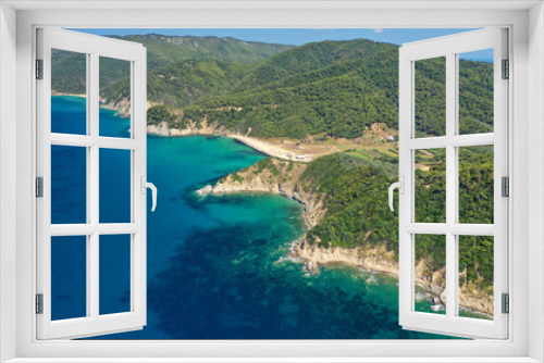 Fototapeta Naklejka Na Ścianę Okno 3D - Aerial drone photo of paradise emerald and turquoise sandy beach of Aselinos covered in pine trees in island of Skiathos, Sporades, Greece