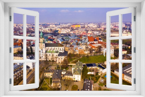 Fototapeta Naklejka Na Ścianę Okno 3D - Aerial view of historic center of Lublin overlooking Dominican monastery and Catholic Archcathedral in spring day, Poland