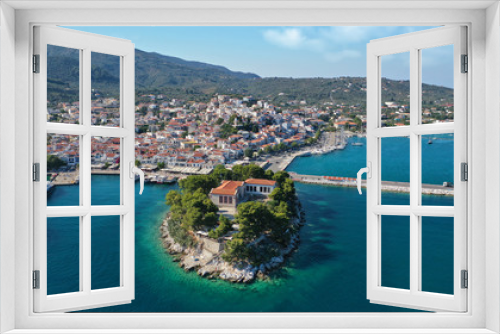 Fototapeta Naklejka Na Ścianę Okno 3D - Aerial drone panoramic photo of picturesque main town of Skiathos island featuring small landmark peninsula of Bourtzi, Sporades, Greece