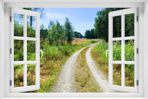 Fototapeta Naklejka Na Ścianę Okno 3D - Swedish countryside road on a sunny summer day. Forest gravel road.