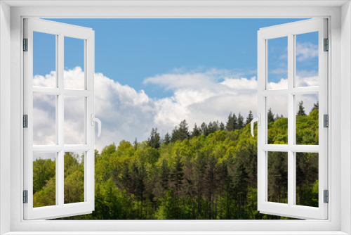 Fototapeta Naklejka Na Ścianę Okno 3D - Scenic green rolling hills against the blue sky with clouds.