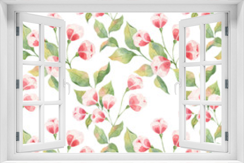 Fototapeta Naklejka Na Ścianę Okno 3D - Seamless watercolor pattern with green leaves and pink buds on a white background. Delicate colors, Apple twigs and buds. Print for fabrics, curtains, wedding decoration, clothing.