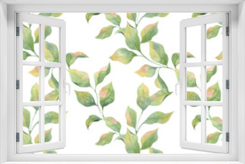 Fototapeta Naklejka Na Ścianę Okno 3D - Seamless watercolor pattern with green leaves on a white background. Delicate colors, Apple twigs. Print for fabrics, curtains, wedding decoration, clothing.