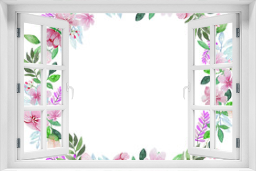 Fototapeta Naklejka Na Ścianę Okno 3D - Light vintage pink flower and green leaves wreath painting watercolor illustration vector