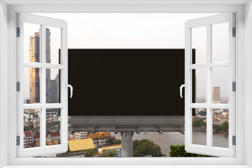 Fototapeta Naklejka Na Ścianę Okno 3D - Blank black road billboard with Bangkok cityscape background at day time. Street advertising poster, mock up, 3D rendering. Front view. The concept of marketing communication to promote or sell idea.