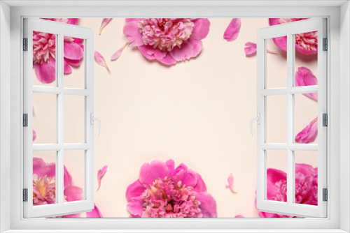 Fototapeta Naklejka Na Ścianę Okno 3D - Beautiful pink peonies on beige background, flat lay. Space for text