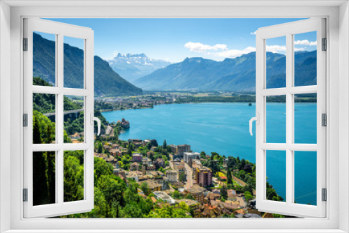 Fototapeta Naklejka Na Ścianę Okno 3D - Aerial view of Geneva lake with Swiss Alps panorama from Montreux to Villeneuve and Chillon castle in Veytaux city Switzerland