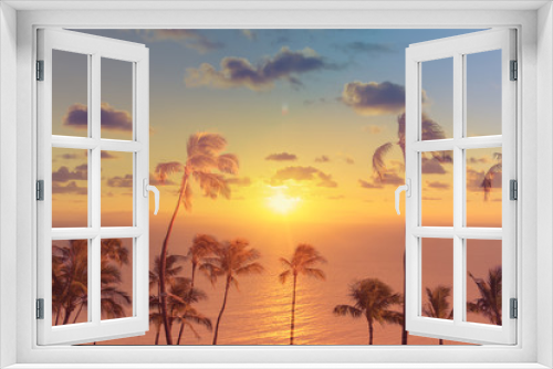 Fototapeta Naklejka Na Ścianę Okno 3D - sunset, and palm trees over the ocean