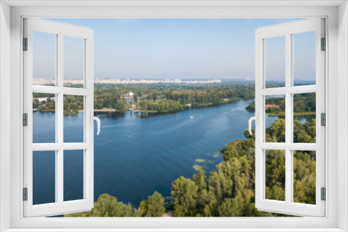 Fototapeta Naklejka Na Ścianę Okno 3D - Aerial drone view. Green bank of the Dnieper river on a summer sunny day.