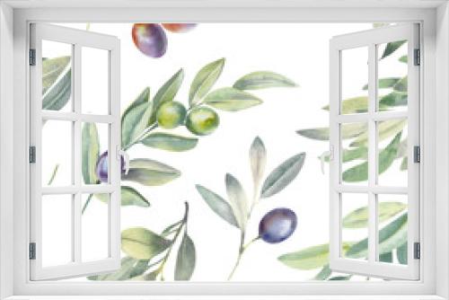 Fototapeta Naklejka Na Ścianę Okno 3D - Hand paint watercolor seamless pattern with olive branch and leaves, isolated on white background. Perfect for wrappers, wallpapers, textile, postcards, wedding and fashion design.
