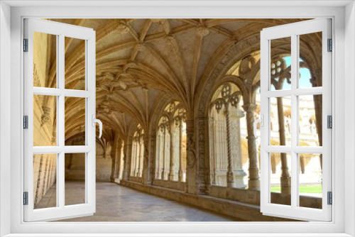 Beautiful reticulated vaulting on courtyard or cloisters of Hieronymites Monastery, Mosteiro dos Jeronimos, famous Lisbon landmark in Belem district and Unesco Heritage, Portugal