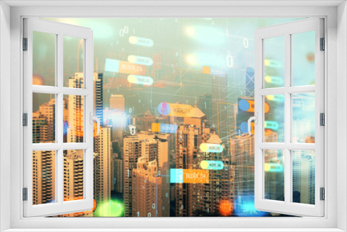 Data theme hologram drawing on city view with skyscrapers background double exposure. Technology concept.