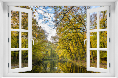 Fototapeta Naklejka Na Ścianę Okno 3D - Forests with mature beech trees along pond in a Dutch estate in autumn colors and backlight and blue sky with  scattered clouds