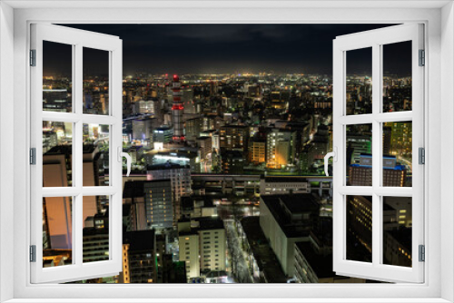 Fototapeta Naklejka Na Ścianę Okno 3D - 日本仙台市街の夜景 青のライトアップ合成COVID看板