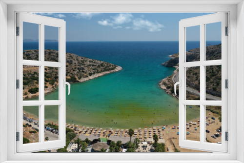 Fototapeta Naklejka Na Ścianę Okno 3D - Aerial drone photo of small protected by winds cove and sandy beach of Lomvarda in Athens riviera next to Hole of Karamanlis tunnel, Vouliagmeni, Attica, Greece