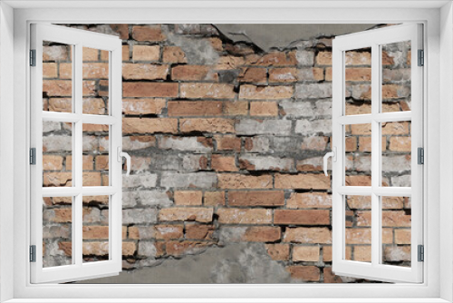 Fototapeta Naklejka Na Ścianę Okno 3D - Brick grunge background. Old brick wall texture. Red brown brickwork with crumbling plaster.