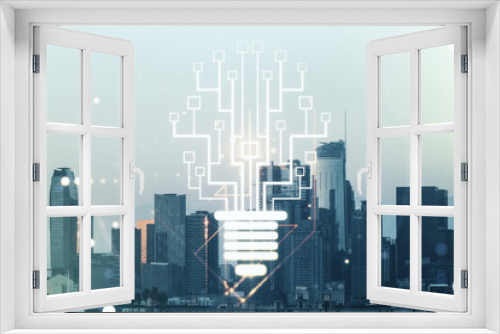 Fototapeta Naklejka Na Ścianę Okno 3D - Virtual creative light bulb with chip hologram on Los Angeles office buildings background, artificial Intelligence and neural networks concept. Multiexposure