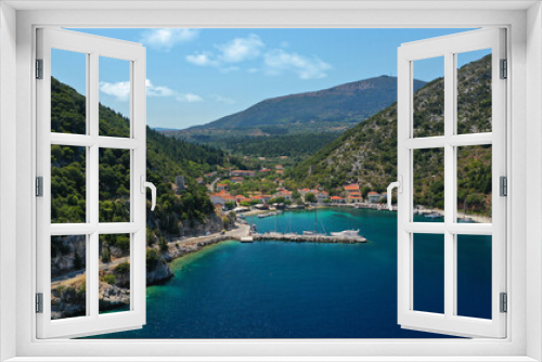 Fototapeta Naklejka Na Ścianę Okno 3D - Aerial drone photo of picturesque small fishing village of Frikes a safe anchorage for sail boats and yachts in island of Ithaki or Ithaca, Ionian, Greece