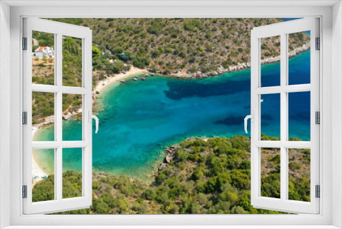 Fototapeta Naklejka Na Ścianę Okno 3D - Aerial drone photo of turquoise heart shaped paradise sandy beach and bay of Sarakiniko a safe sail boat anchorage in Ithaki or Ithaca island, Ionian, Greece
