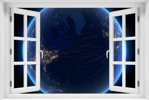 Fototapeta Naklejka Na Ścianę Okno 3D - Global Communications Through the Network of Connections From Europe to America. The Concept of the Internet, Social Media, Travelling, Logistics. City Lights at Night. 3D Illustration.