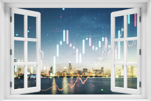 Fototapeta Naklejka Na Ścianę Okno 3D - Multi exposure of virtual abstract financial graph interface on Chicago cityscape background, financial and trading concept