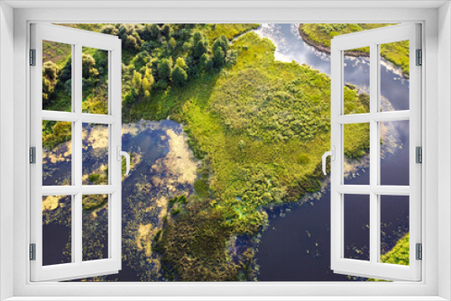 Fototapeta Naklejka Na Ścianę Okno 3D - Aerial view of river, green swamp grass, summer landscape. Winding river with overgrown banks, top view