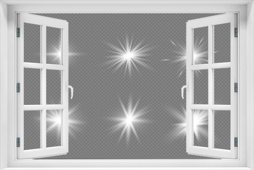 Fototapeta Naklejka Na Ścianę Okno 3D - White glowing light explodes on a transparent background. Sparkling magical dust particles. Bright Star. Transparent shining sun, bright flash. Vector sparkles. To center a bright flash