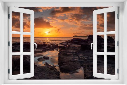 Fototapeta Naklejka Na Ścianę Okno 3D - Beautiful Panoramic Golden Seaside Sunrise with Rockpool Reflections