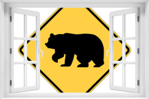 Fototapeta Naklejka Na Ścianę Okno 3D - Bear crossing warning road sign. Caution big animals. Vector illustration of yellow diamond shaped traffic sign with bear icon inside. Risk of collision. Wildlife on road symbol.