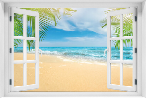 Fototapeta Naklejka Na Ścianę Okno 3D - Sandy beach with palms near ocean on sunny day