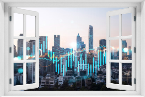 Fototapeta Naklejka Na Ścianę Okno 3D - Glowing FOREX graph hologram, aerial panoramic cityscape of Bangkok at sunset. Stock and bond trading in Asia. The concept of fund management. Double exposure.