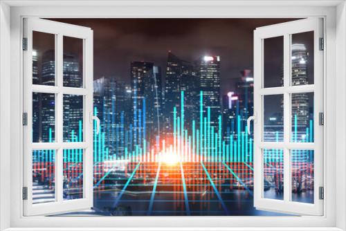 Fototapeta Naklejka Na Ścianę Okno 3D - FOREX graph hologram, aerial night panoramic cityscape of Singapore, the developed location for stock market researchers in Asia. The concept of fundamental analysis. Double exposure.