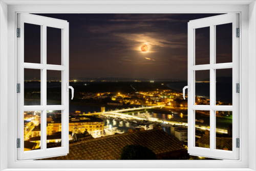 Fototapeta Naklejka Na Ścianę Okno 3D - Italy Tuscany Castiglione della Pescaia, pink full moon night, panoramic night picture