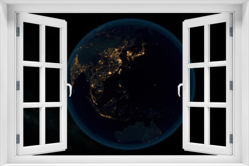 Fototapeta Naklejka Na Ścianę Okno 3D - Earth at Night. Stunning 3D Illustration of Earth Bathed in City Lights at Night. City Lights of Asia.