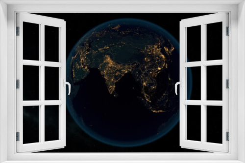 Fototapeta Naklejka Na Ścianę Okno 3D - Earth at Night. Stunning 3D Illustration of Earth Bathed in City Lights at Night. City Lights of Asia, Europe and Africa.