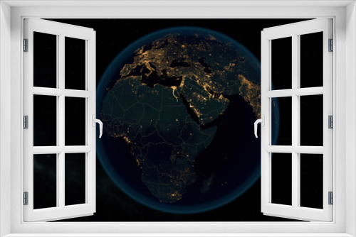 Fototapeta Naklejka Na Ścianę Okno 3D - Earth at Night. Stunning 3D Illustration of Earth Bathed in City Lights at Night. City Lights of Europe, Asia and Africa.