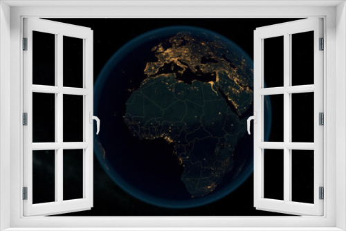 Fototapeta Naklejka Na Ścianę Okno 3D - Earth at Night. Stunning 3D Illustration of Earth Bathed in City Lights at Night. City Lights of Europe and Africa.