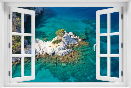 Fototapeta Naklejka Na Ścianę Okno 3D - Aerial drone photo of famous from Mamma Mia movie Three pine cape Amarantos a trully scenic place with crystal clear sea, Skopelos island, Sporades, Greece