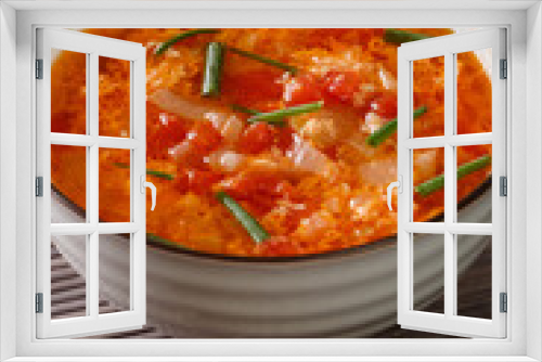 Fototapeta Naklejka Na Ścianę Okno 3D - Chinese tomato egg drops soup close-up in a bowl on the table. vertical