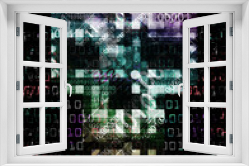 Pixel Skull,Computer virus,  background.
Illustration of Abstract Skull sign with destroyed binary codes. Web Hacking. Online piracy concept.