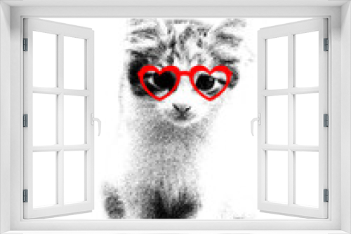 Fototapeta Naklejka Na Ścianę Okno 3D - Cute black and white kitten with red heart shaped glasses