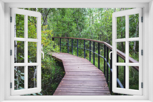 Fototapeta Naklejka Na Ścianę Okno 3D - Summer view of wooden walkway on the territory of Sestroretsk swamp, ecological trail path - route walkways laid in the swamp, reserve 