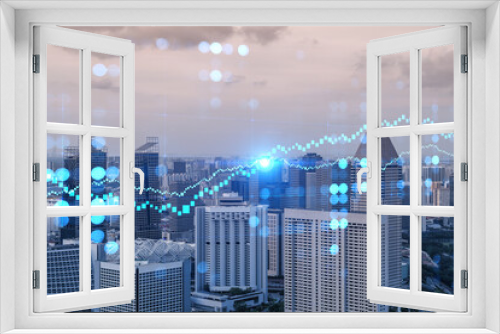 Fototapeta Naklejka Na Ścianę Okno 3D - Glowing FOREX graph hologram, aerial panoramic cityscape of Singapore at sunset. Stock and bond trading in Asia. The concept of fund management. Double exposure.