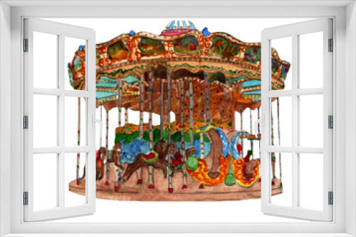 Fototapeta Naklejka Na Ścianę Okno 3D - Carousel with horses isolated on white background.Winter illustration.
