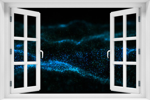 Fototapeta Naklejka Na Ścianę Okno 3D - Abstract blue colorful particle wave background. Small round dot on black background. Copy space, 3D rendering